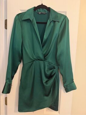 ZARA Green Satin Wrap Dress